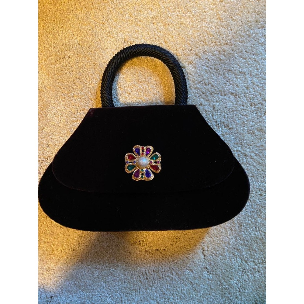 velvet black handbag with flower